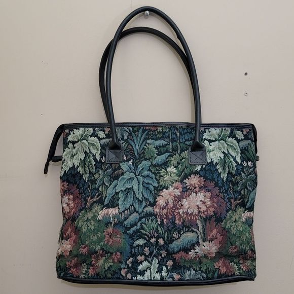 Vintage 1980s ATLANTIC Floral Tapestry Travel Zippered Shopping Tote Bag, Green - Picture 11 of 16